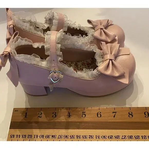 Lolita Womens Mary Janes Pump Shoes Bowknot T-Strap Block Heel Lace - Size 34 - Picture 6 of 8